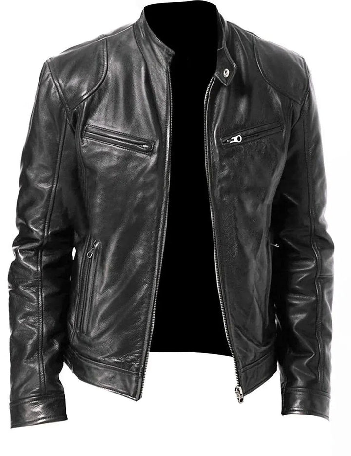 Men's classic black leather biker jacket, rugged style. Perfect for motorcycle enthusiasts & casual fashion outerwear.