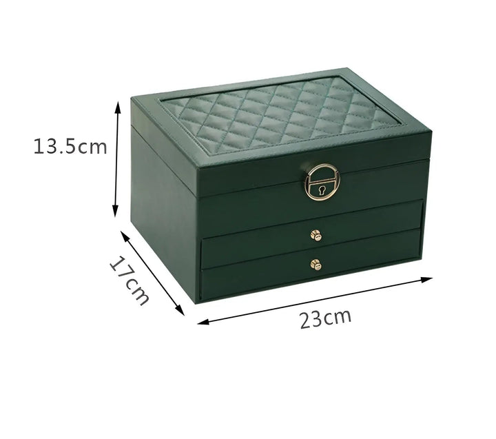 White multi-tier faux leather jewelry case, chic accessory storage box.