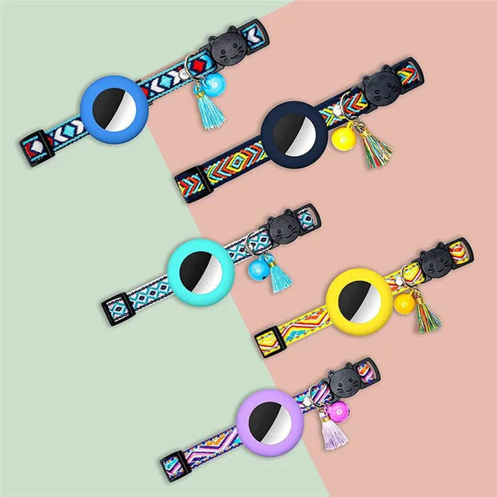 Safety cat collar, adjustable reflective design with integrated tracker holder & bell