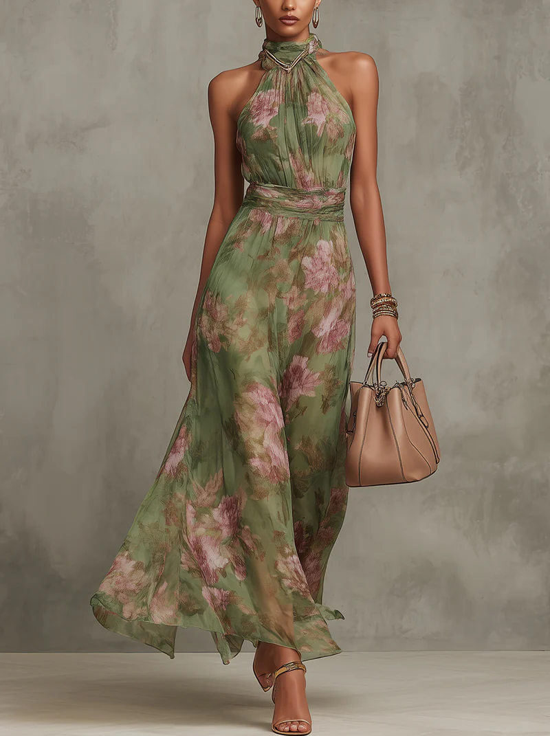 Women's elegant green halter maxi dress for summer. Perfect flowing beach or vacation wear, sleeveless design.