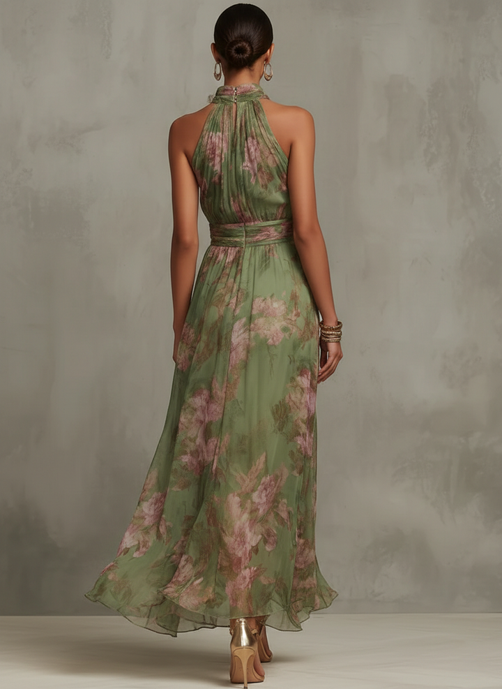 Green halter maxi dress, a stylish women's summer fashion choice. Ideal elegant long dress for beach or vacation.