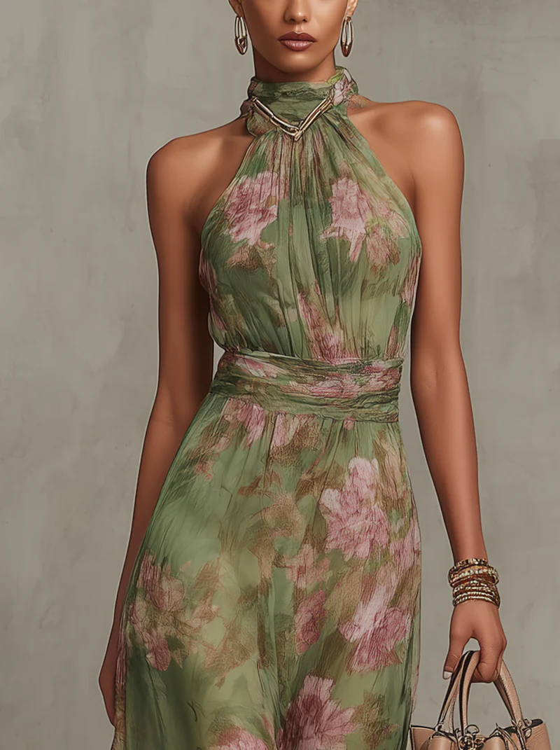 Vibrant green maxi dress for women, featuring a chic halter neckline. Flowing sleeveless design, great for summer fashion.
