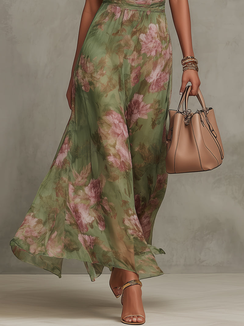 Long green halter maxi dress for women, perfect for summer vacation or beach wear. Elegant flowing sleeveless design.