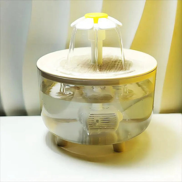 Close-up of flower design pet fountain, showing filtered water for optimal pet hydration