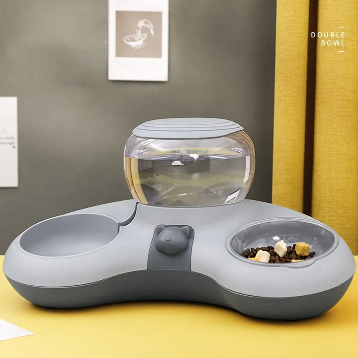 Pet food dispenser & water bottle combo for small to medium pets. Non-slip cat and dog bowl.