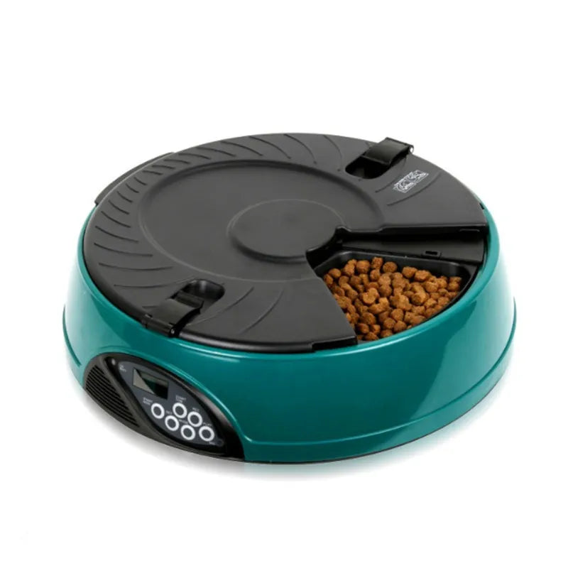 Automatic pet food dispenser with timer, portion control, for dog or cat food, smart feeder.