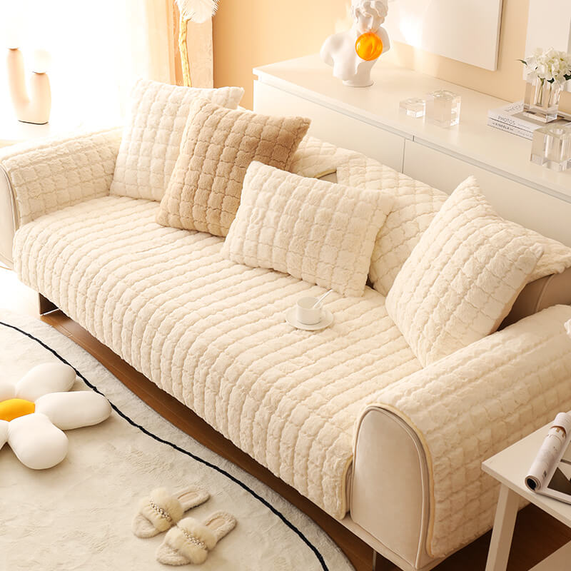Biscuit plush non-slip couch cover on a 3-seater sofa, soft furniture protection