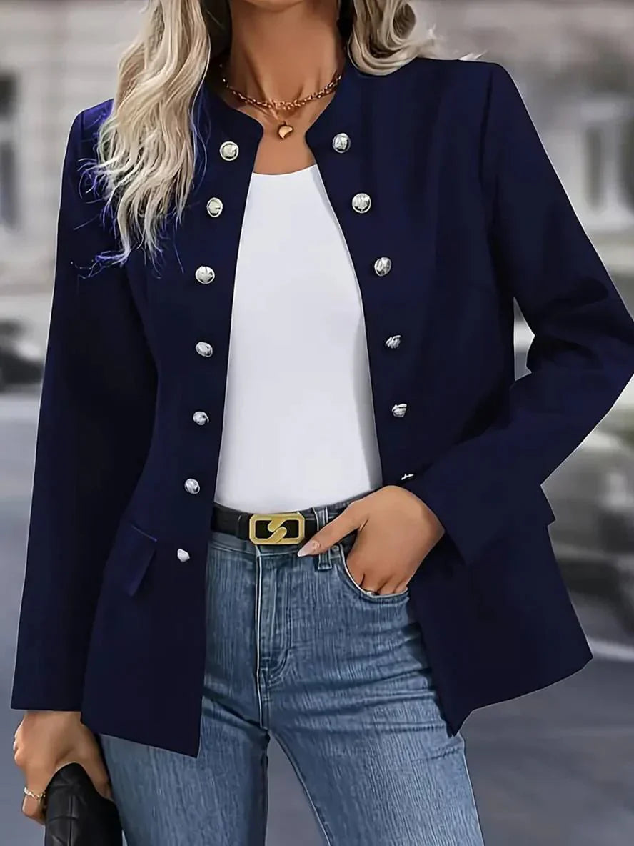 Women's military style long sleeve button-down blouse.