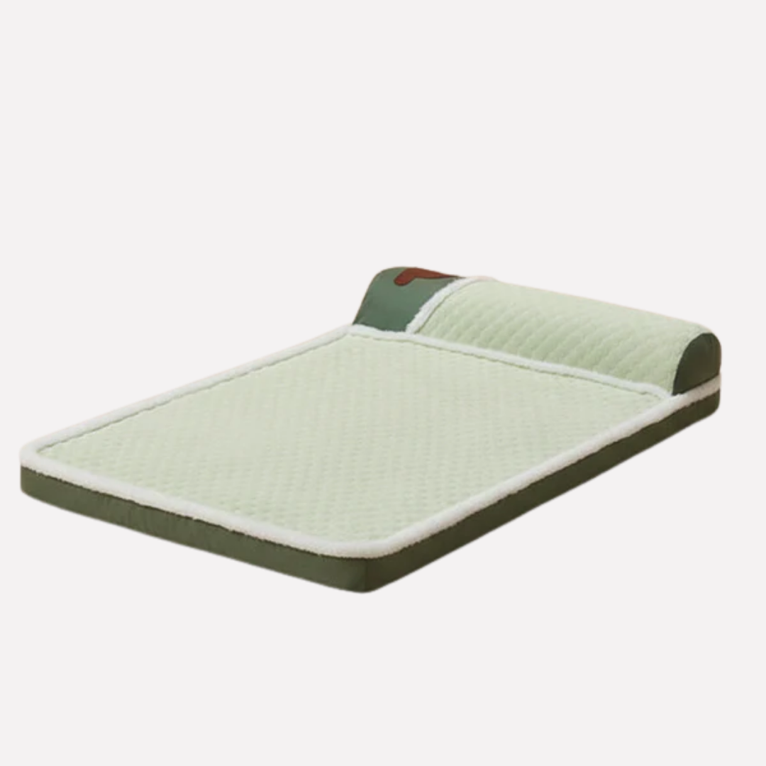Dog lies on a new large pet cooling mat, offering instant relief and comfort from heat.