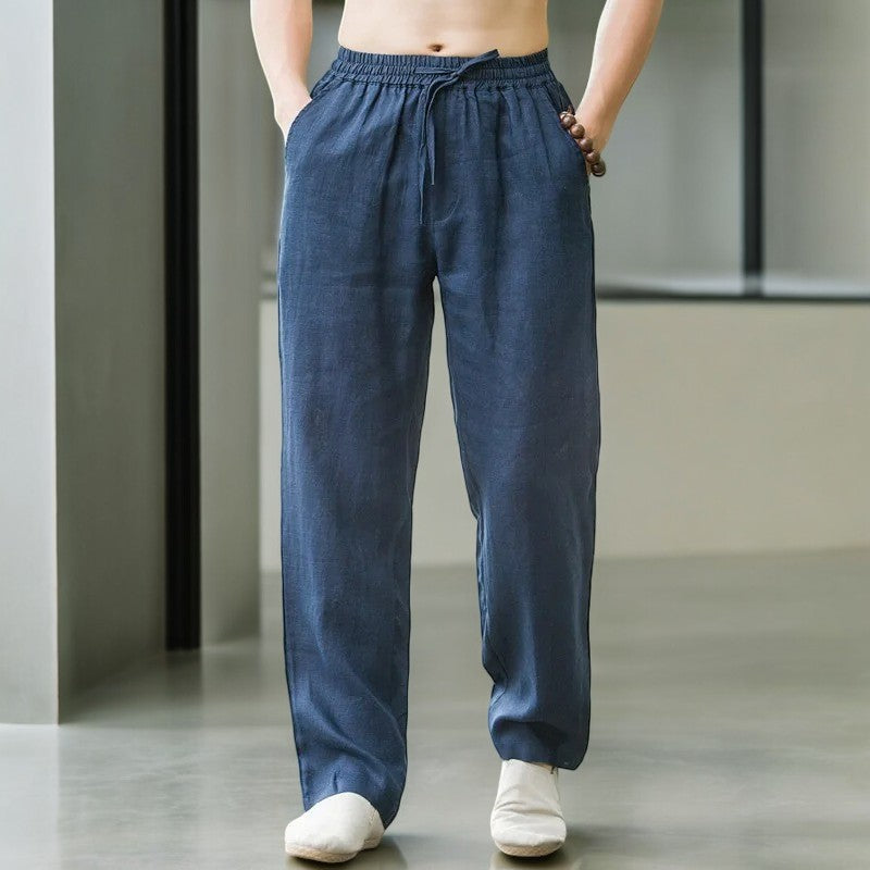 Blue men's relaxed fit lounge pants, lightweight summer comfort for men's casual style.