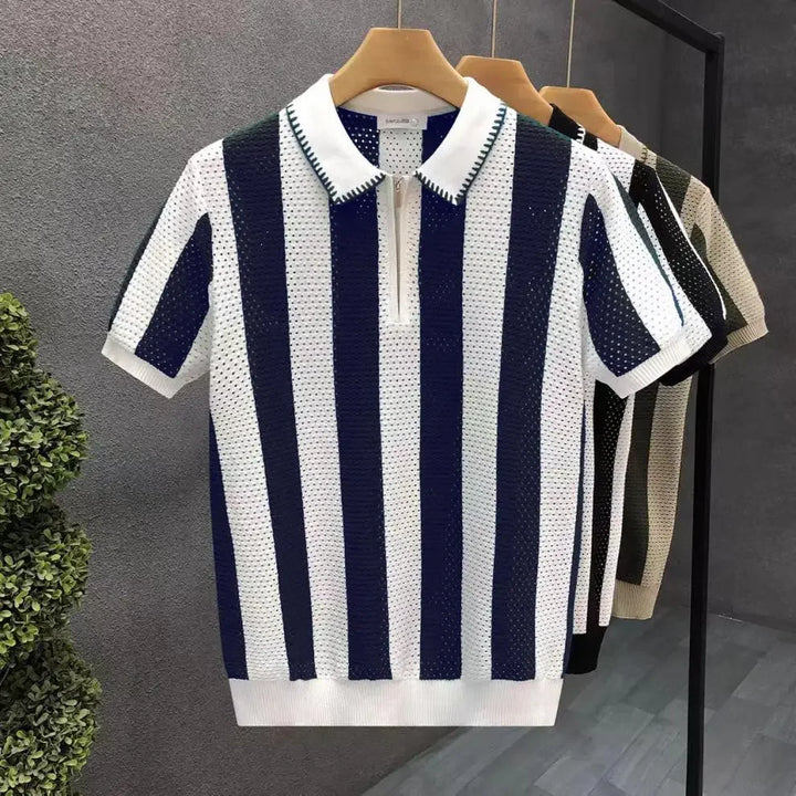 Smart casual men's striped zip polo shirt, short sleeve, ideal for summer style and everyday comfort.
