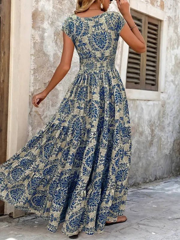 Trendy women's V-neck maxi dress in boho style, offering elegant long fashion & comfort.