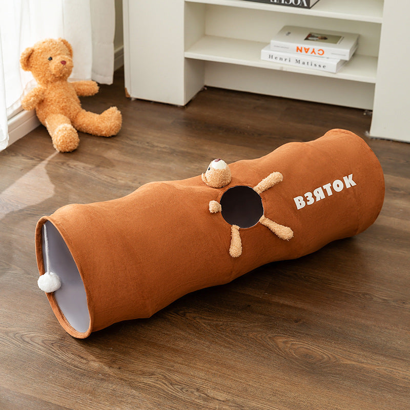 Foldable cat play tunnel in brown & gray, a fun interactive kitten toy