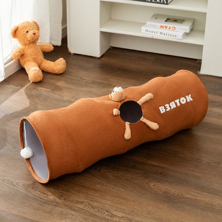 Foldable cat play tunnel in brown & gray, a fun interactive kitten toy
