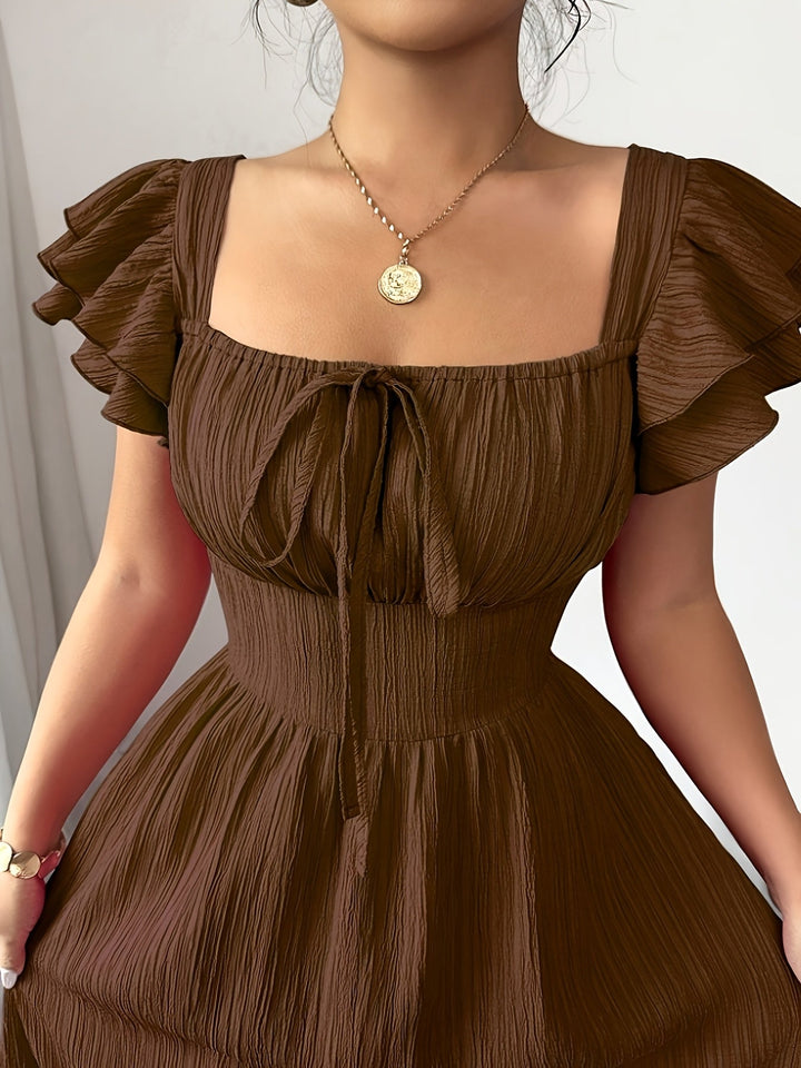 Elegant women's dark brown A-line maxi dress, a long flowy design with a stylish square neck, ideal for summer.