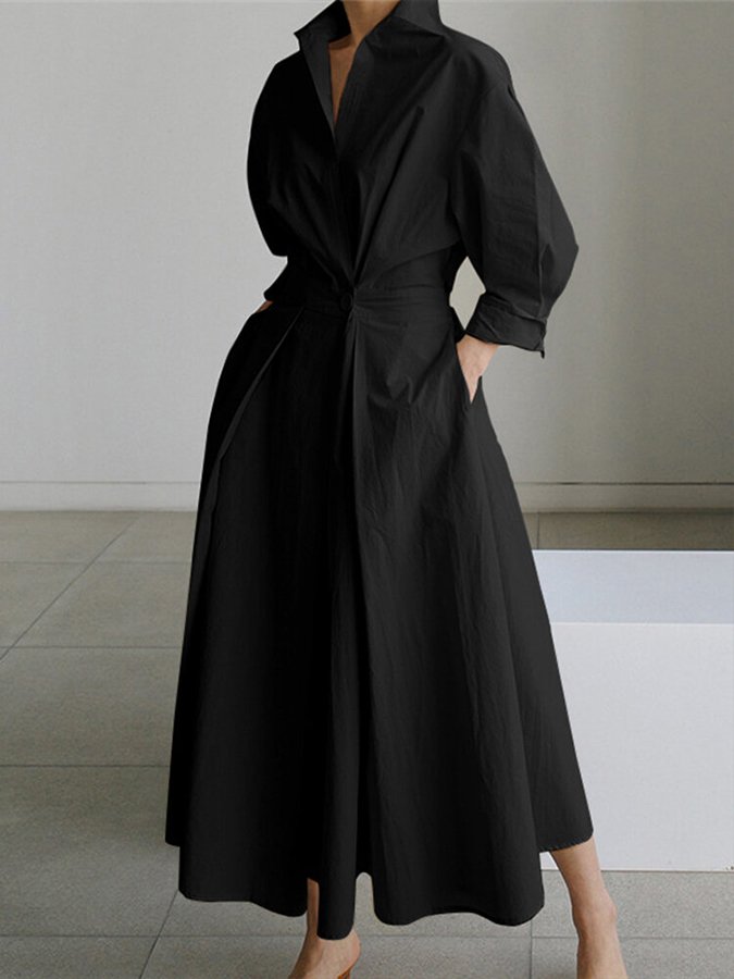Timeless women's V-neck A-line midi dress, long sleeve. Elegant, comfortable apparel with practical pockets.