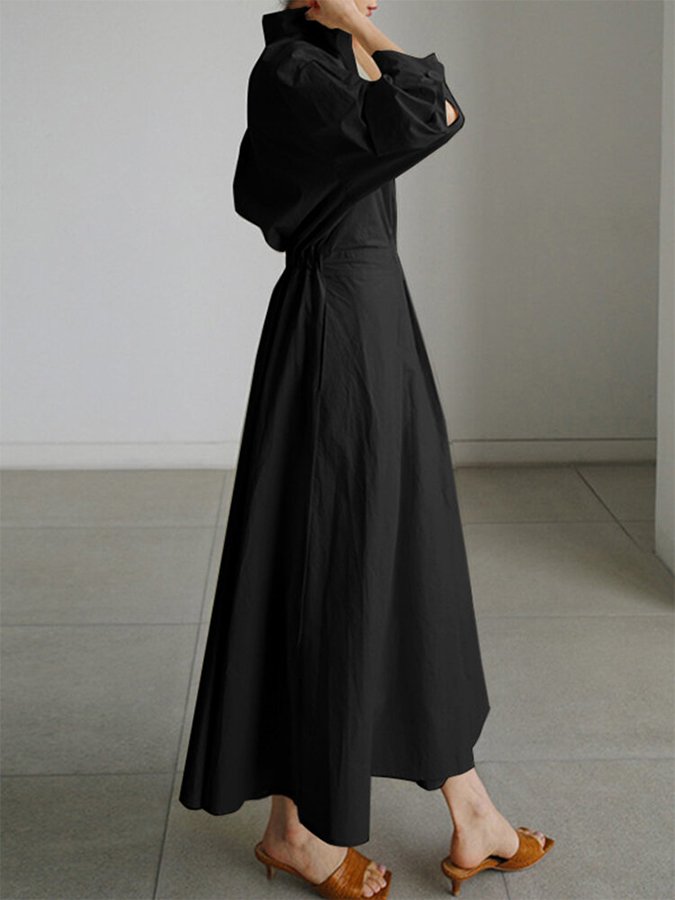 Flattering A-line V-neck midi dress for women, long sleeves. Comfortable and stylish with convenient pockets.