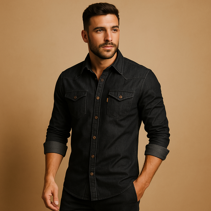 Men's casual long sleeve button-down shirt in solid color, perfect for everyday wear & comfortable travel.