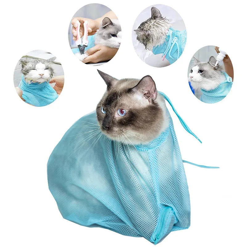 Durable cat grooming bag with breathable mesh, ideal for pet bathing & stress-free nail care