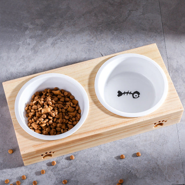 Cat Wood Design Ceramic Feeding Bowl for food, stylish pet accessory with wooden base