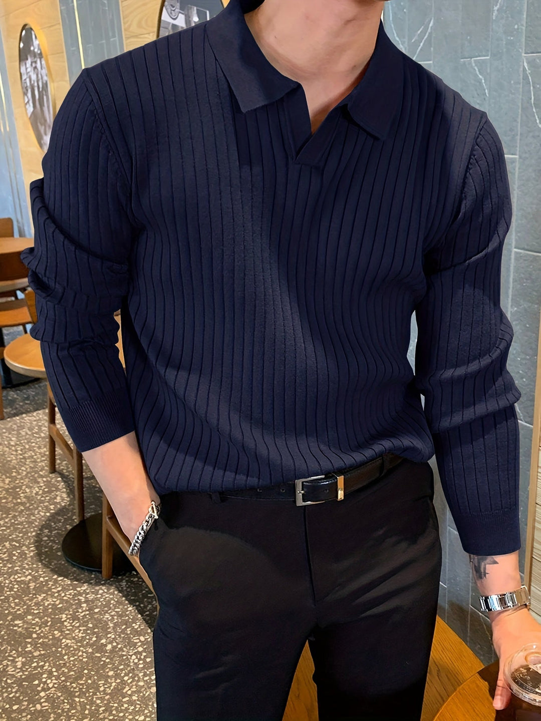 Full shot of a man wearing the Vienna Ribbed Knit Polo Shirt, styled for a casual yet refined look.