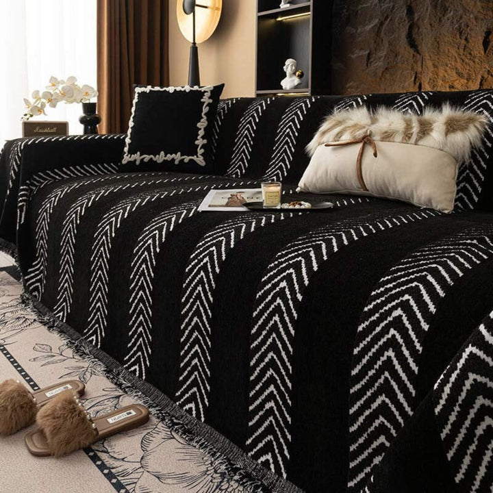 Chenille herringbone sofa throw cover, beige, protecting a living room couch from pets and wear