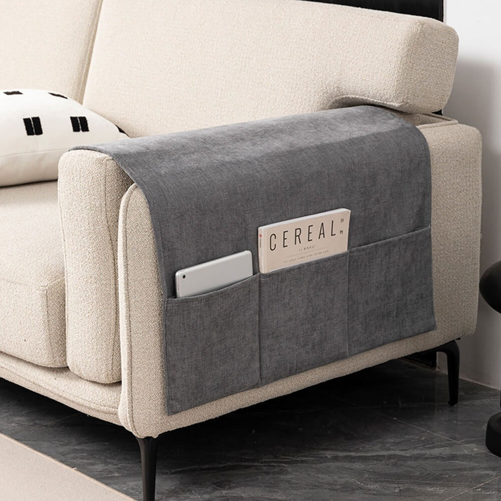 Stylish chenille armrest protector for sofas, pet-friendly, features multiple storage pockets for organization