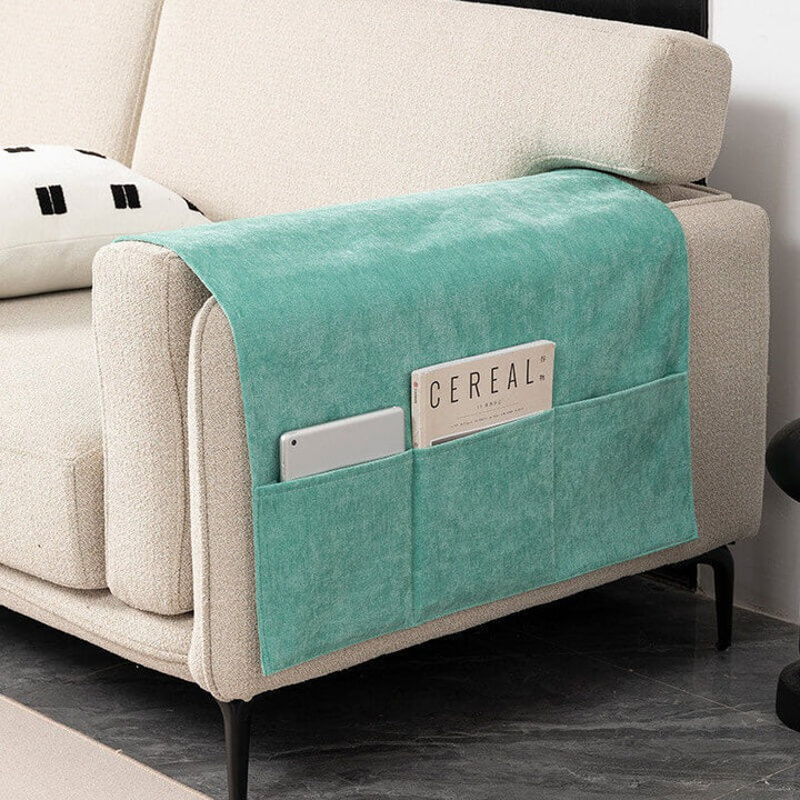 Durable chenille sofa armrest cover with storage pockets, non-slip design for furniture protection