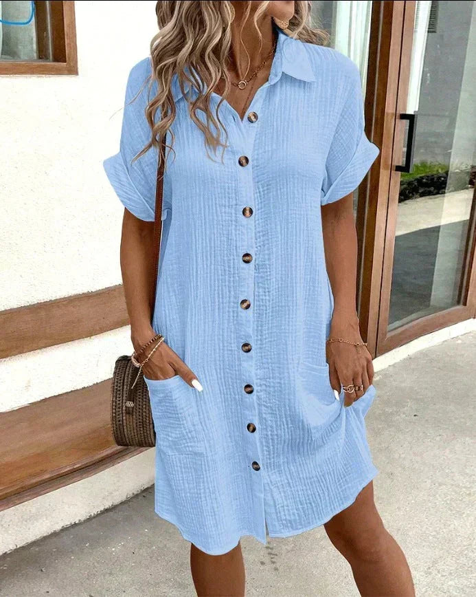 Versatile women's mini polo dress, short sleeve, pockets, button-down for casual chic style.