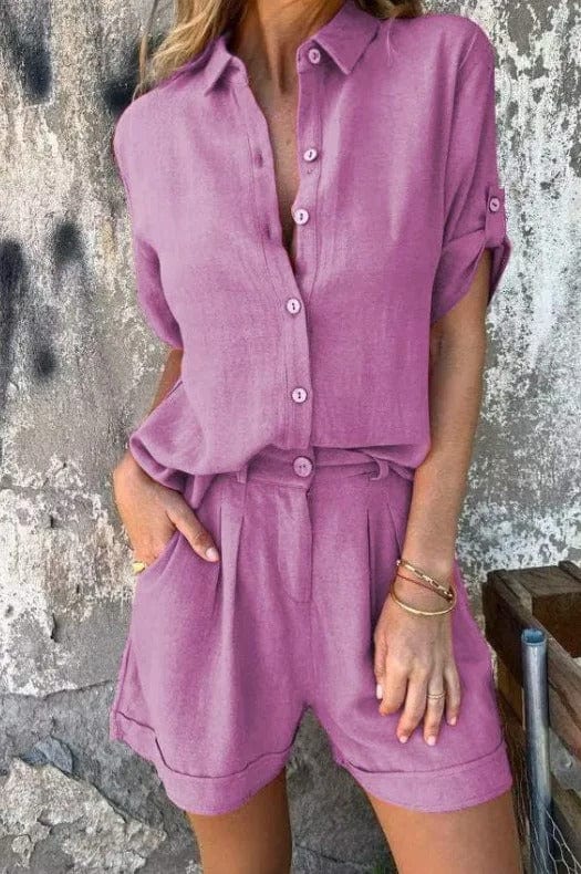 Women's relaxed summer two-piece set, perfect for comfortable, chic warm-weather outfits & vacation style.