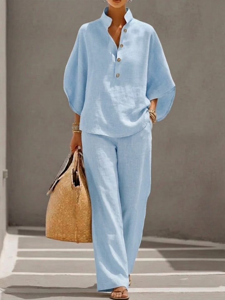 Comfortable women's batwing blouse and flowy wide leg pants set. Perfect versatile summer outfit.