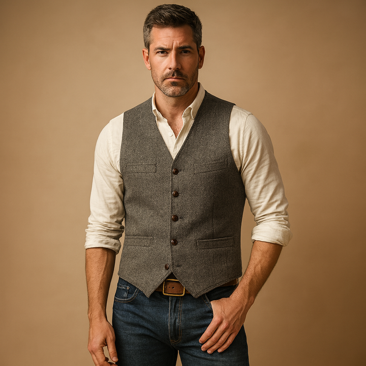 Formal men's buttoned vest, offering a refined look. An essential layering piece for sophisticated style.