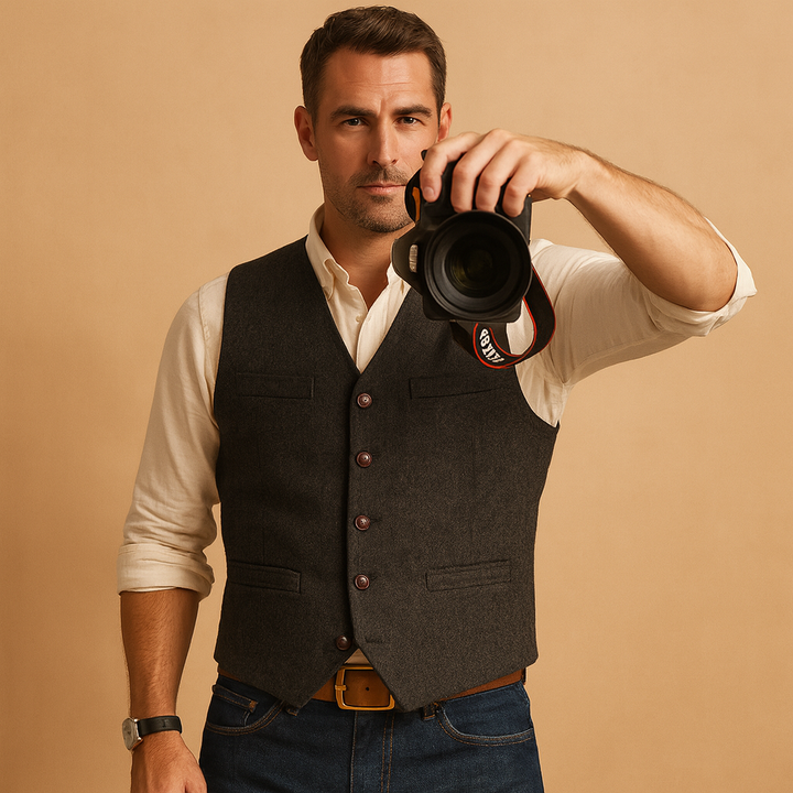 Versatile men's buttoned vest, perfect for suits, dress shirts, or casual layering in fall & winter.