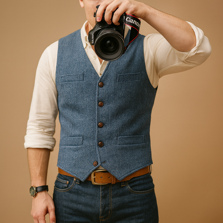 Classic men's buttoned vest, ideal for formal attire or smart casual layering. Timeless menswear piece.