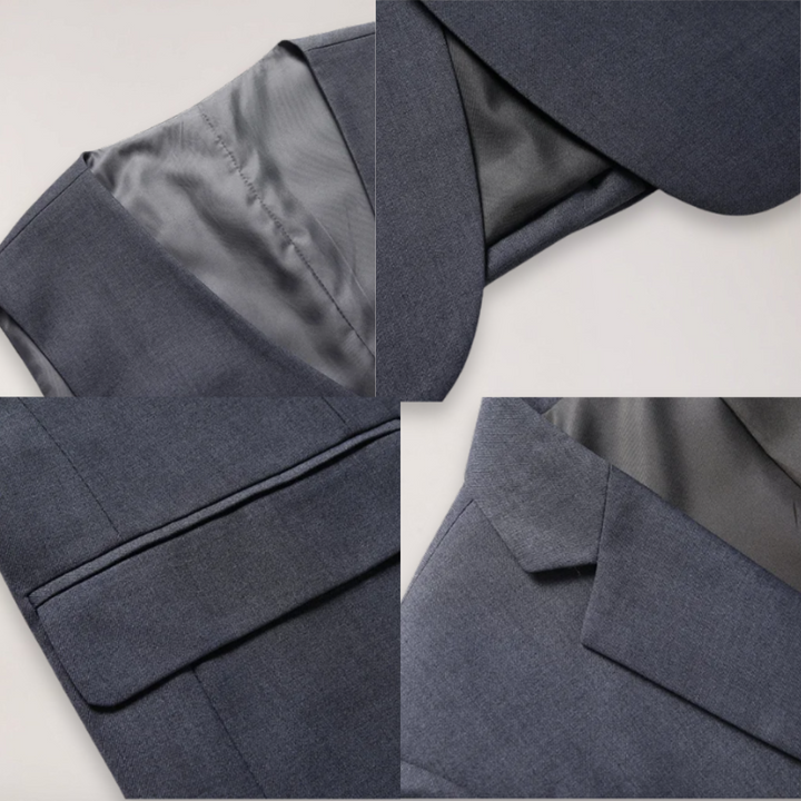 Complete men's formal three-piece suit. Tailored wedding suit set for elegant event wear.