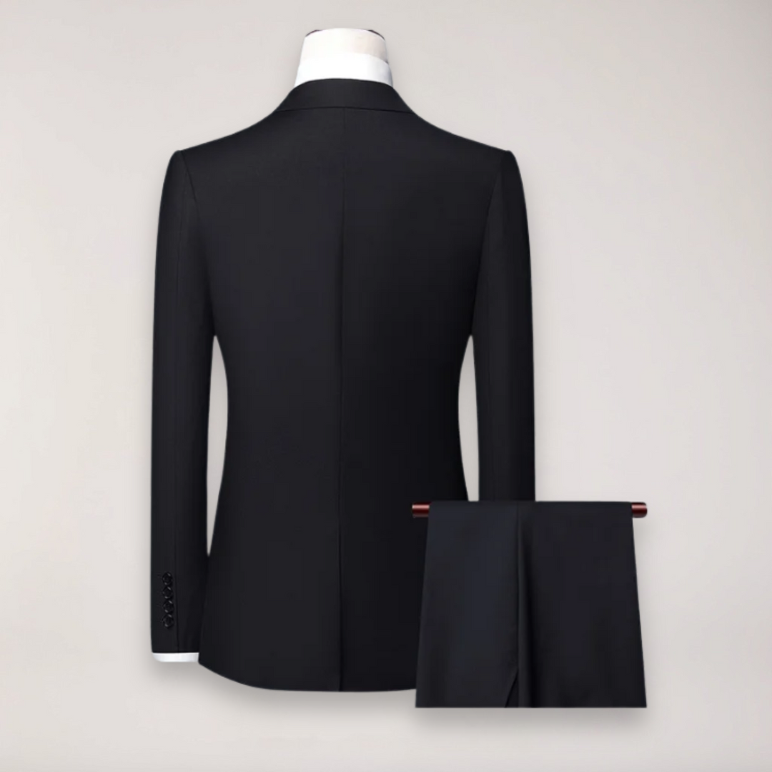 Men's formal three-piece suit in dark navy, perfect for weddings, business, and event wear.