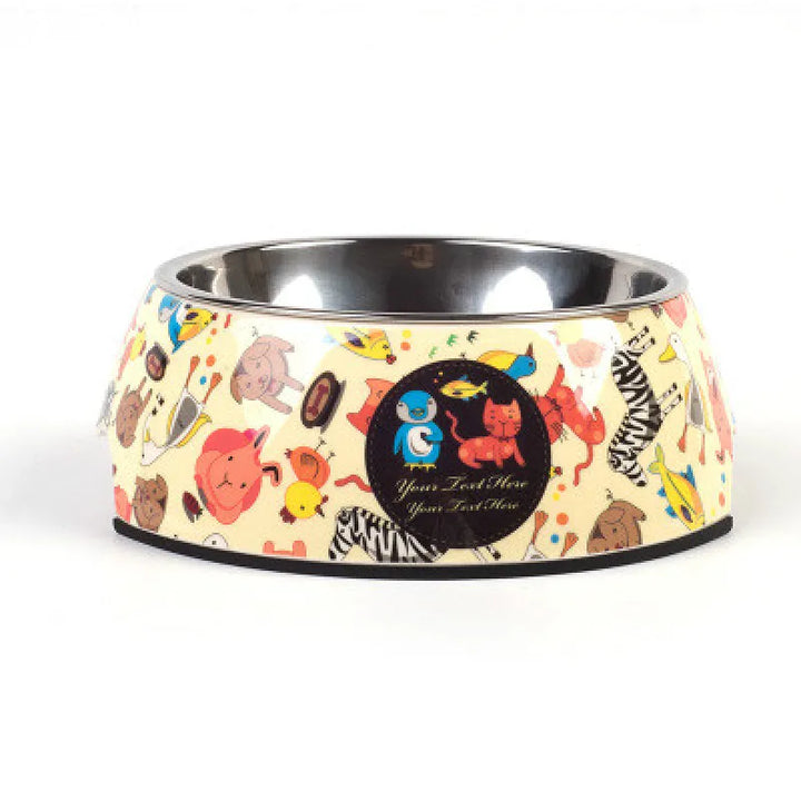 Close-up of a colorful pet food bowl showing the stainless steel insert, durable pet supplies.