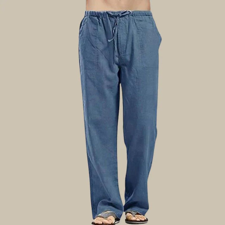 Soft, lightweight straight-cut men's summer pants, offering a comfortable relaxed fit and convenient drawstring waist.