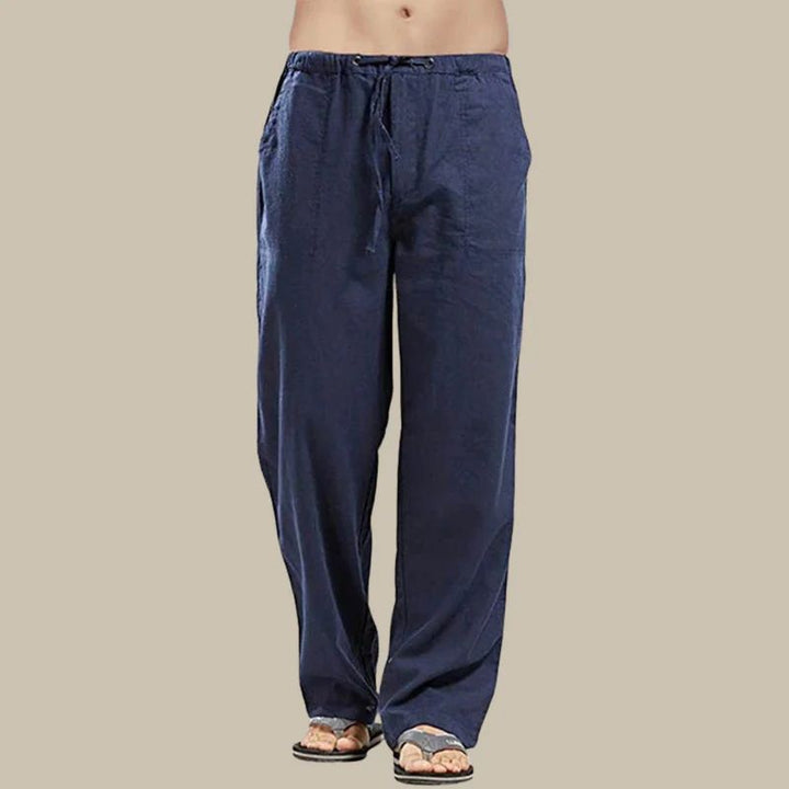 Casual men's straight-cut summer pants, ideal for warm weather. Features comfortable drawstring waist, ankle length.