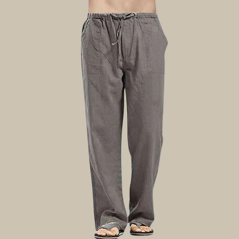 Warm-weather men's straight-cut summer pants. Lightweight, comfortable, with a casual pull-on drawstring design.
