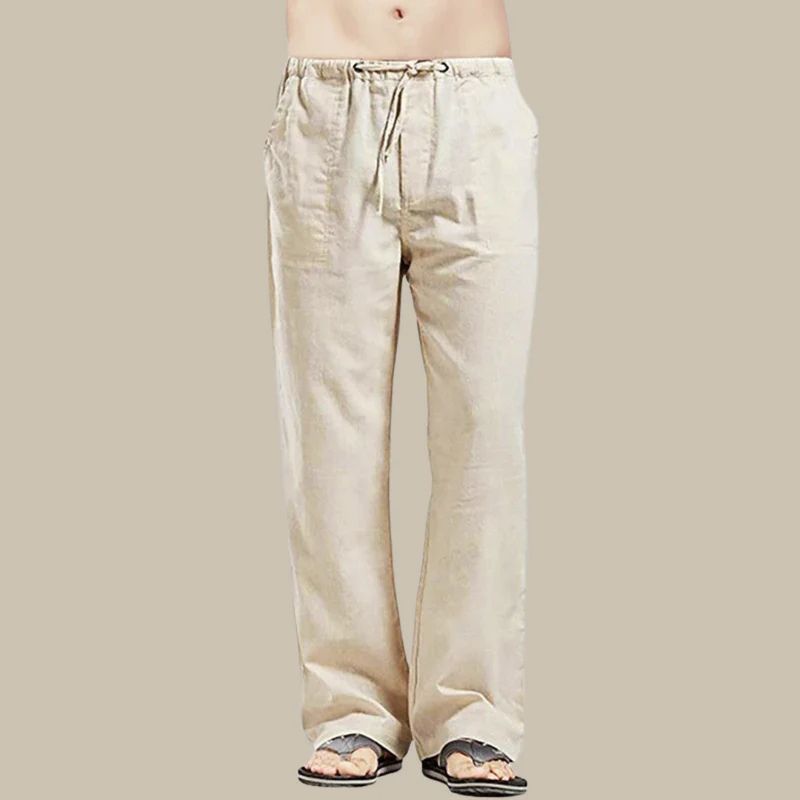 Lightweight, comfortable men's summer pants, straight-cut with a relaxed fit and easy pull-on drawstring waist.
