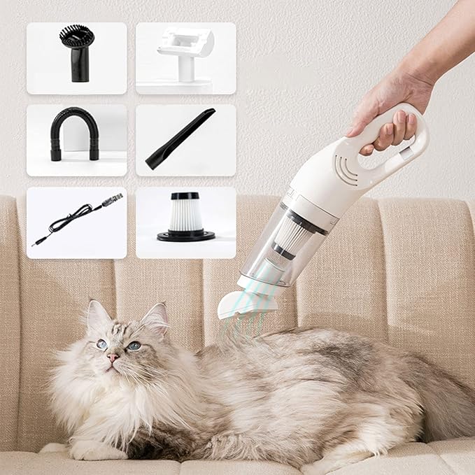 Close-up of cordless pet hair vacuum with brush attachment, effective for cat hair removal