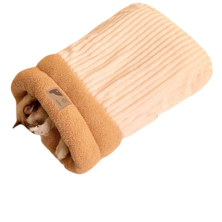 Detail of the soft material of the unisex cat sleeping bag, a comfortable plush pet bed cavern