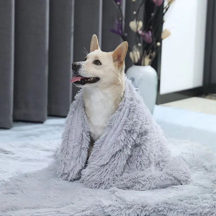 Cozy fluffy fleece pet blanket in a neutral color, perfect for protecting couches from dogs and cats.