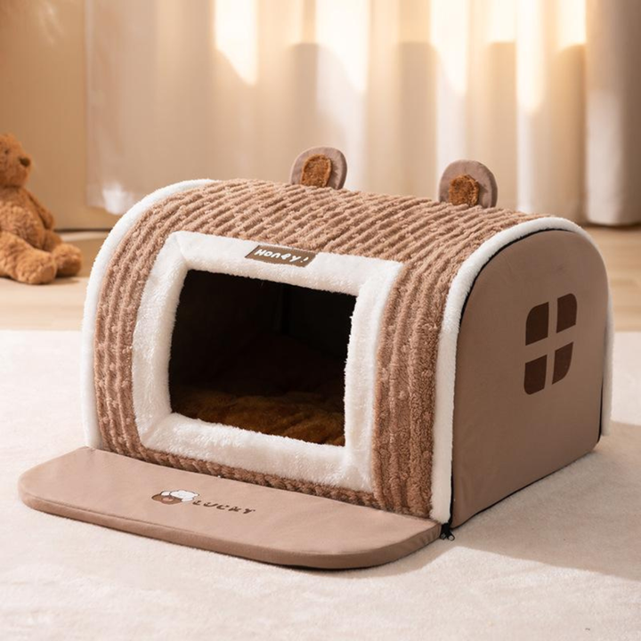 Cozy pet igloo bed for cats and small dogs, padded for comfort, ideal indoor pet resting house.