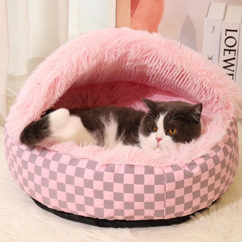 Plaid cat cave bed, a stylish and comfortable pet house for all cats, unisex design.
