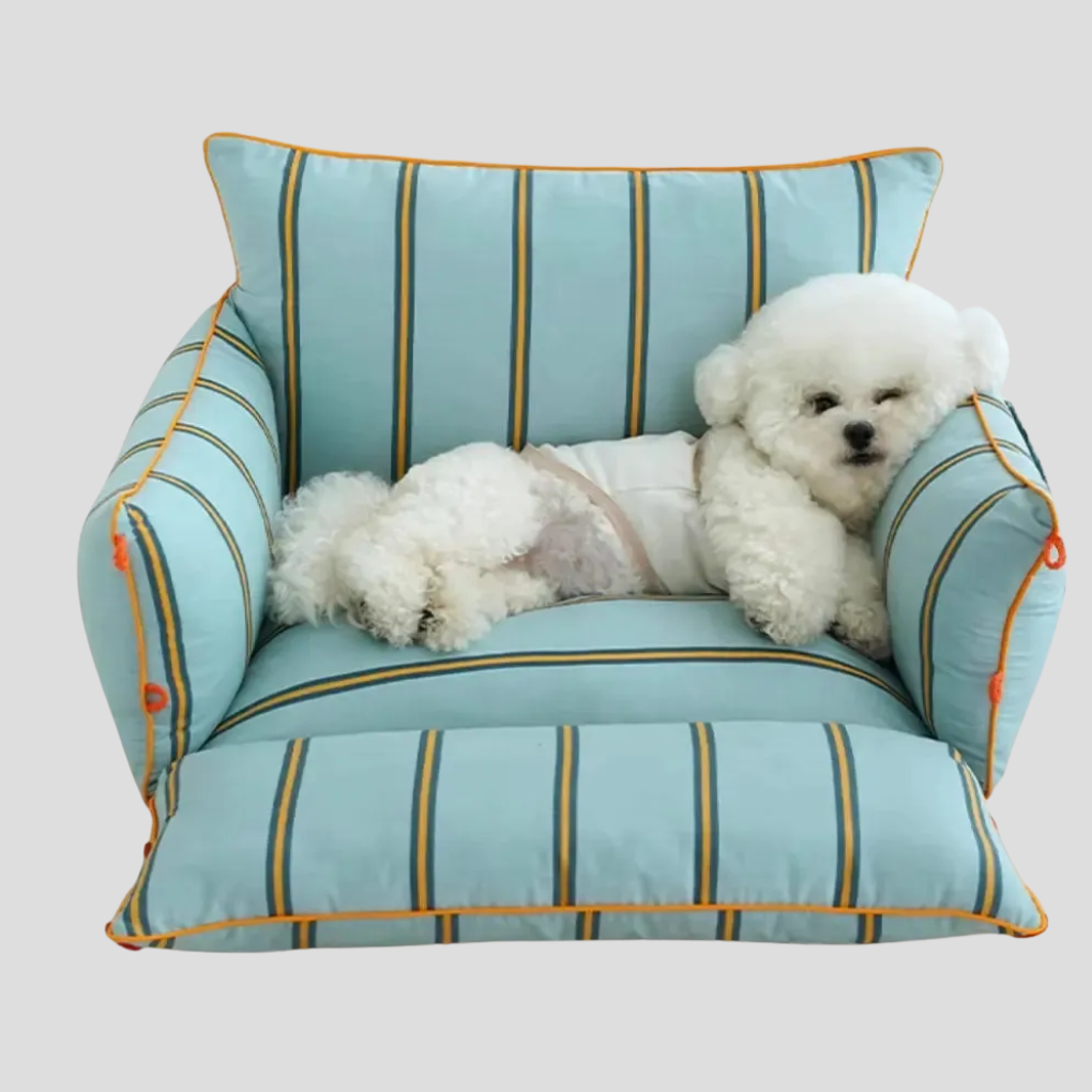 Durable & washable dog sofa bed. Raised design provides comfort & support for pets. Non-slip base.