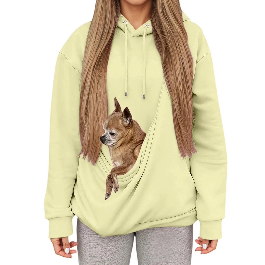 Warm women's hoodie with a front pet pouch, ideal for close pet bonding and daily wear.