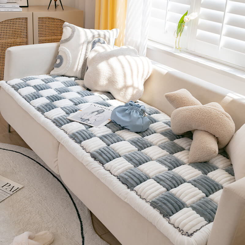 Soft cream chenille plaid pet couch cover, fuzzy texture, provides pet comfort & furniture protection