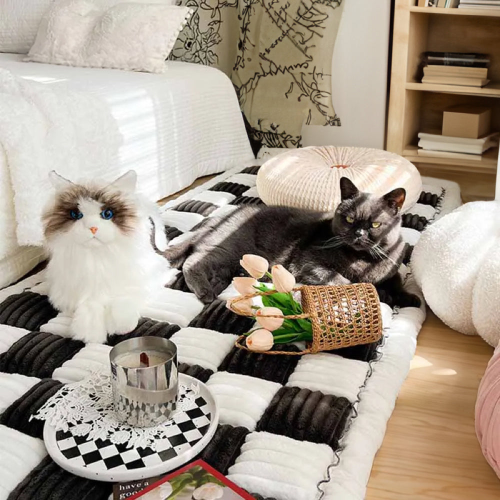 Cream plaid pet furniture protector, fuzzy chenille, ideal for homes with dogs & cats